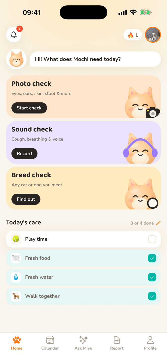 Miyu home screen with photo check, sound check, breed check and today's care list