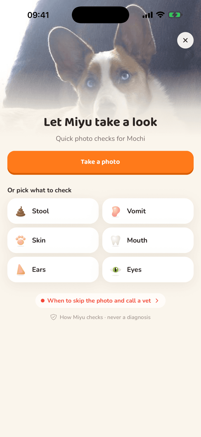 Miyu photo check screen with options for stool, vomit, skin, mouth, ears and eyes