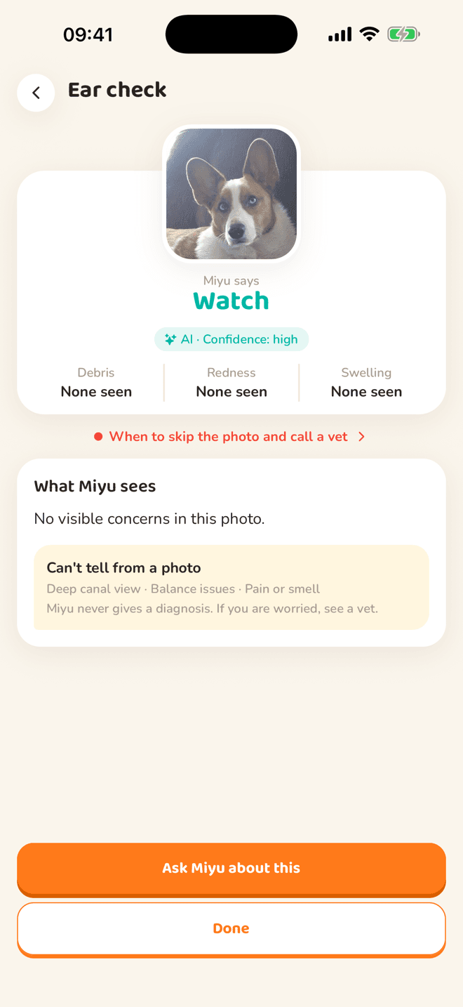 Miyu ear check result for a corgi: care level Watch, no debris, redness or swelling seen
